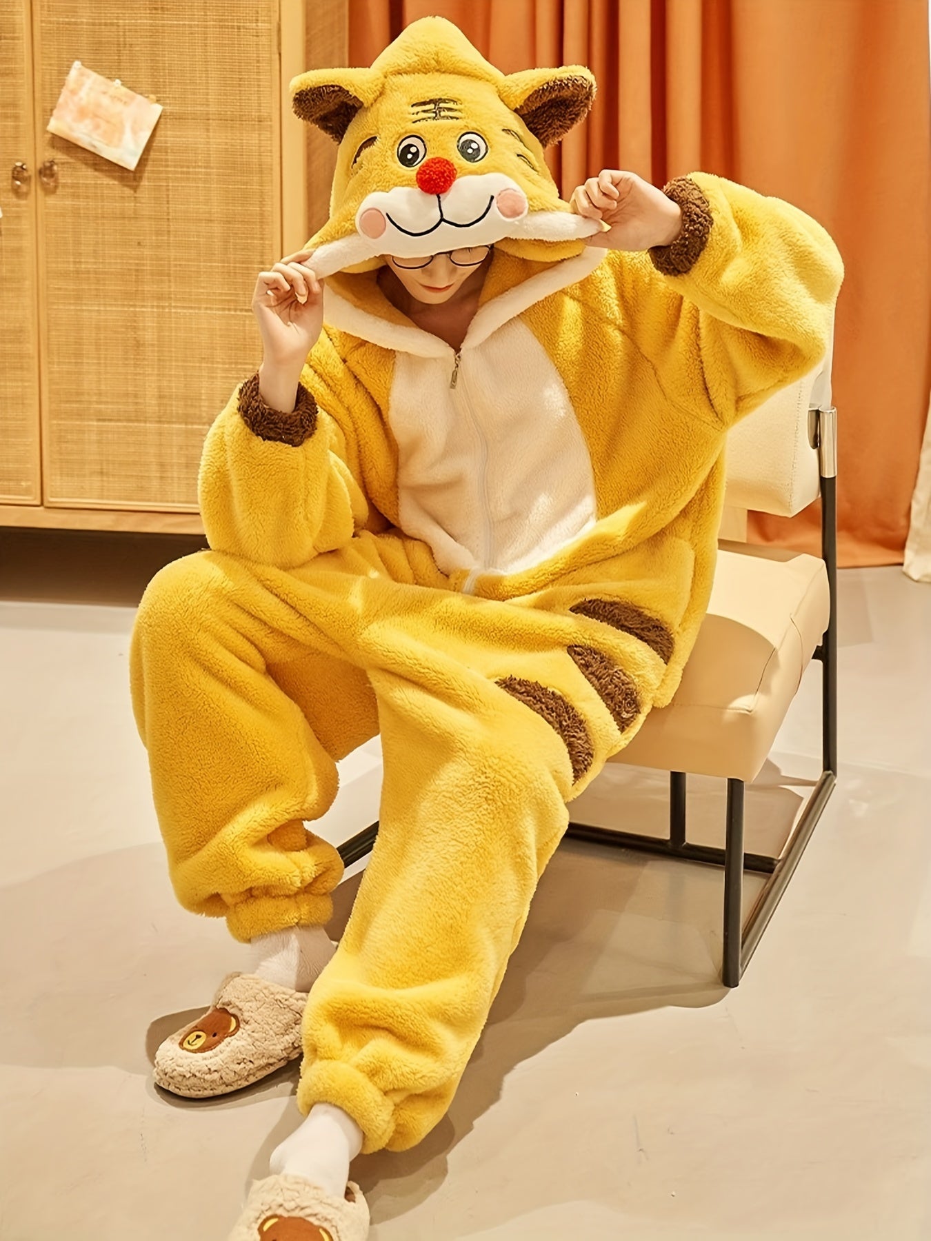 Cartoon Tiger Fuzzy Hooded Night Kigurumi Onesie - Image 4