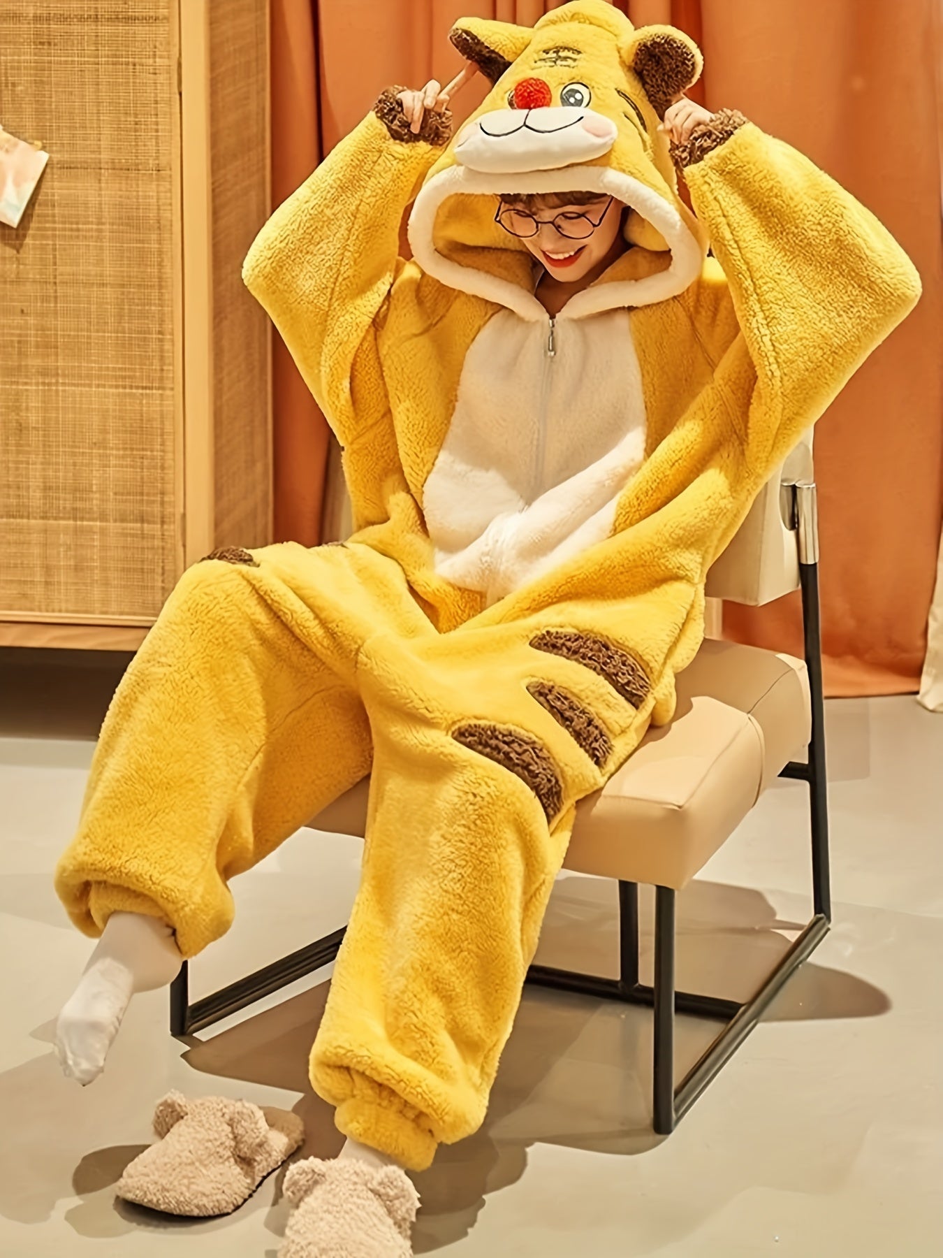 Cartoon Tiger Fuzzy Hooded Night Kigurumi Onesie - Image 3