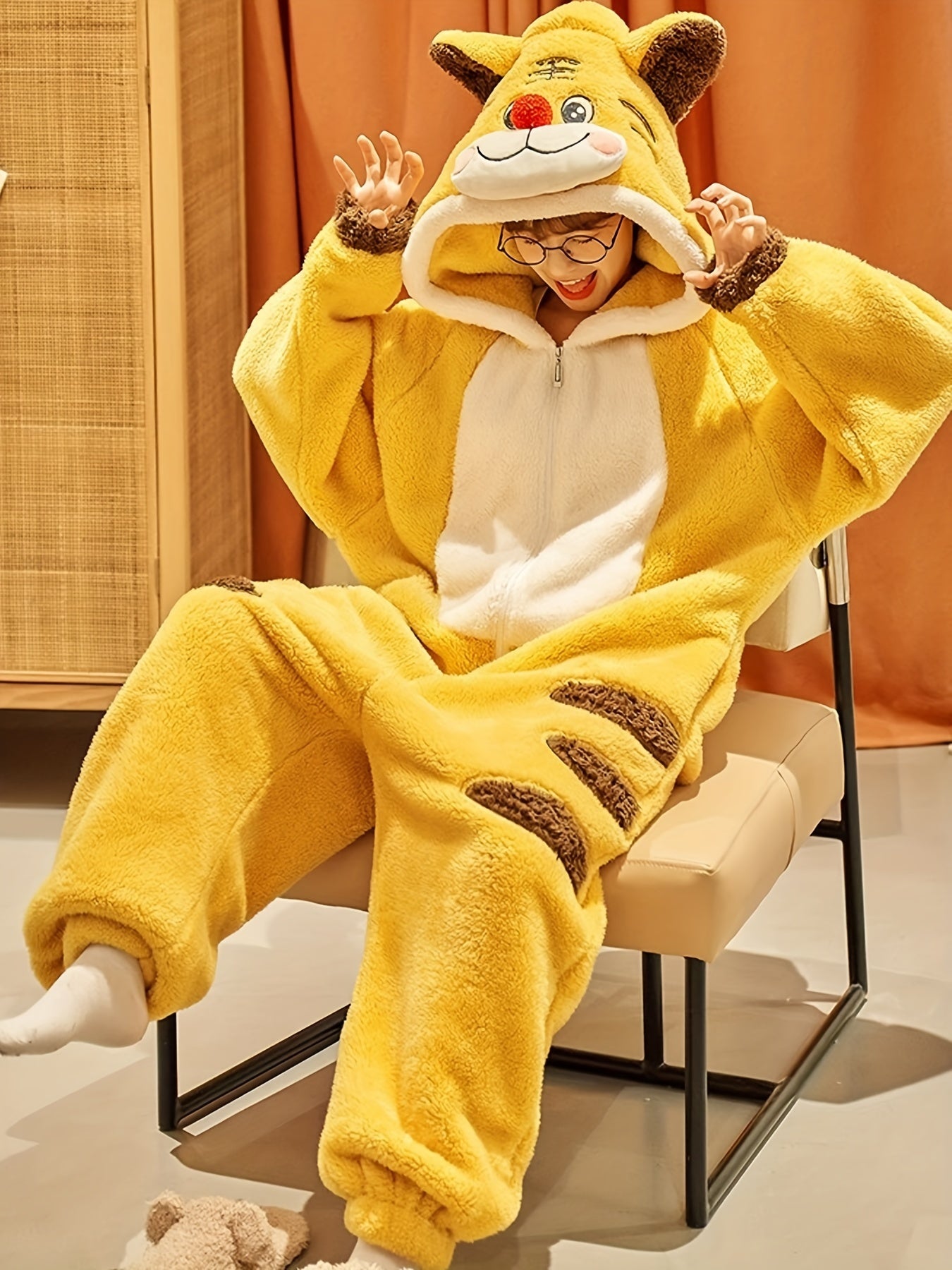 Cartoon Tiger Fuzzy Hooded Night Kigurumi Onesie - Image 5